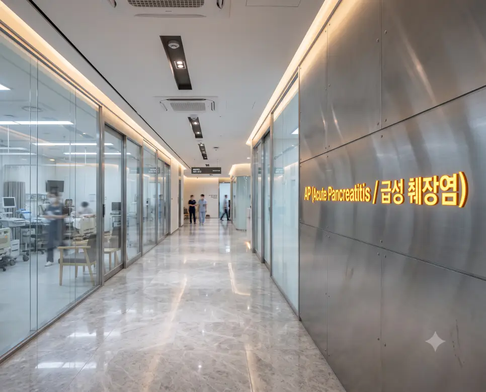 영상의학과 판독실 탑다운 버드아이 시점에서 전문의가 3D 복부 CT 볼륨 렌더링 영상으로 급성 췌장염 환자의 괴사 범위를 분석하며 콘솔에 "AP (Acute Pancreatitis / 급성 췌장염)" 텍스트가 표시된 극실사 영상 판독 이미지