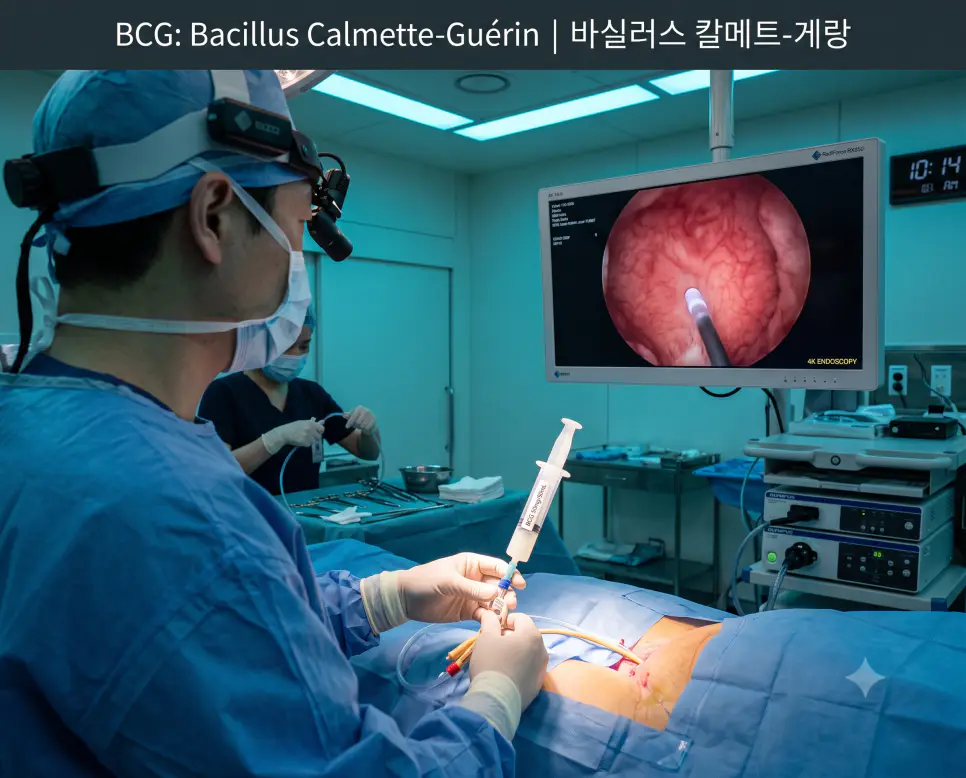 비뇨의학과 수술실에서 방광암 치료용 BCG 면역요법 용액을 준비하며 상단에 "BCG: Bacillus Calmette-Guérin | 바실러스 칼메트-게랑" 폰트가 절제되어 들어간 전문 시술 사진