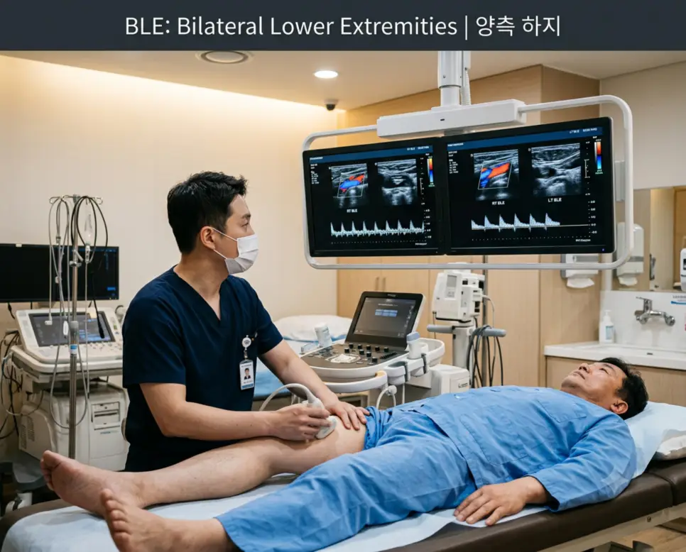 혈관초음파실에서 전문의가 환자의 양측 하지 정맥을 스캔하며 듀얼 화면에 도플러 혈류 신호를 분석하는 정경과 상단에 "BLE: Bilateral Lower Extremities | 양측 하지" 폰트가 절제되어 들어간 임상 검사 이미지