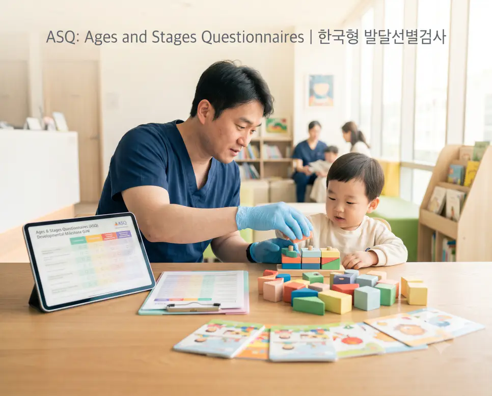 따뜻한 자연광의 아동 발달클리닉 수평 시점에서 영유아 발달 교구 검사를 진행하며 좌측 상단에 "ASQ: Ages and Stages Questionnaires | 한국형 발달선별검사" 타이포가 조화를 이룬 감성 매거진 커버 룩 사진