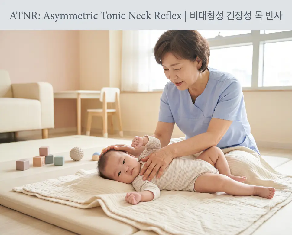 따뜻한 소아발달 클리닉 로우앵글 시점에서 영아의 비대칭성 긴장성 목 반사 펜싱 자세를 검사하며 상단에 "ATNR: Asymmetric Tonic Neck Reflex | 비대칭성 긴장성 목 반사" 모던 폰트가 절제되어 배치된 극실사 진료 이미지