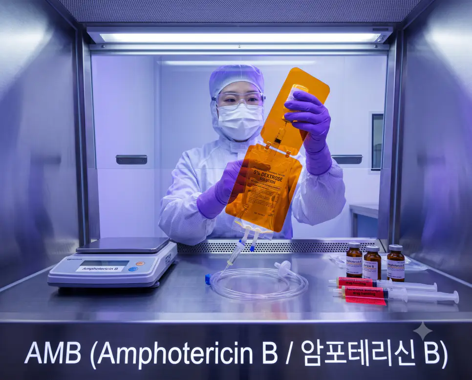 병원 무균 조제실 웜즈아이 시점에서 임상약사가 라미나 플로우 후드 내에서 차광 처리된 암포테리신 B 주사액을 정맥 수액 라인에 조제하며 후드 프레임에 "AMB (Amphotericin B / 암포테리신 B)" 텍스트가 각인된 극실사 약제실 사진